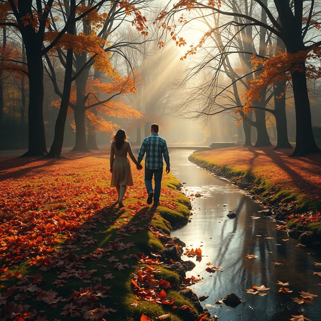 Couple's Autumn Stroll in Sun-Dappled Park