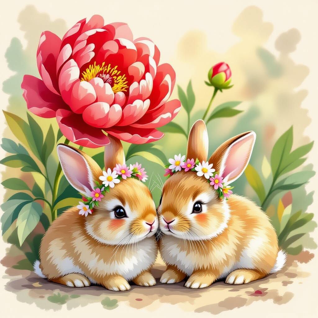 Baby Bunnies Under Peony in Watercolor Illustration Style