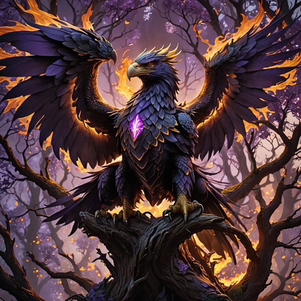 Dragon-Eagle Hybrid on Burning Tree, Fantasy Art