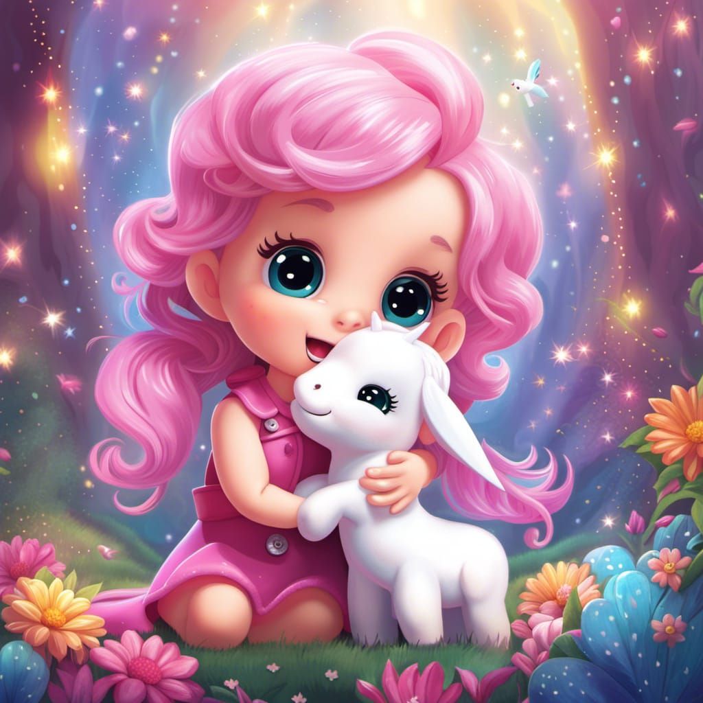 Toddler and Unicorn Sparkles in Chibi Style