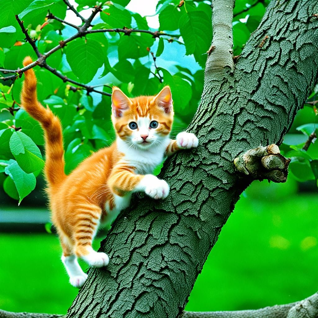 Ginger Kitten Playing in a Tree