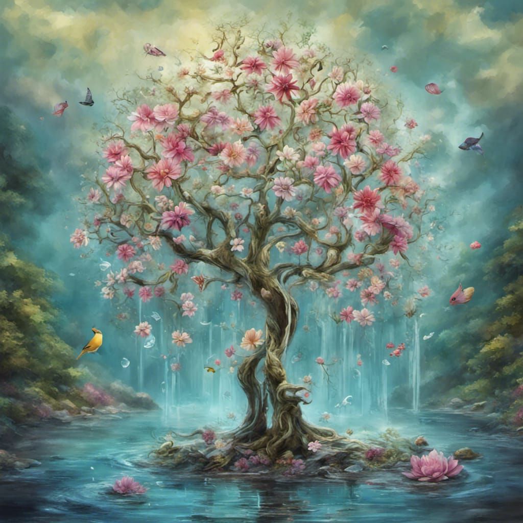 Fantastical Tree of Life With Flowers and Water