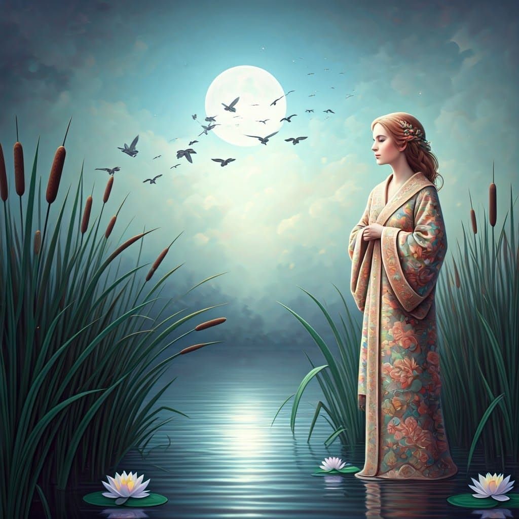 Ethereal Woman on Moonlit Lake, Longing for Freedom