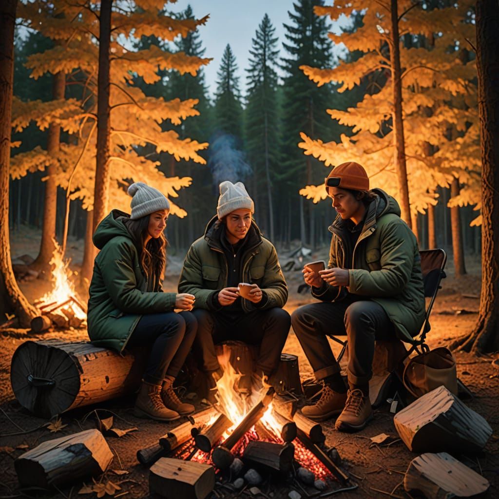 Friends Enjoy a Cozy Campsite Night with Roaring Fire