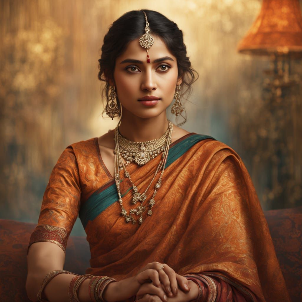 Indian Woman in Elegant Sari, Warm Golden Lighting