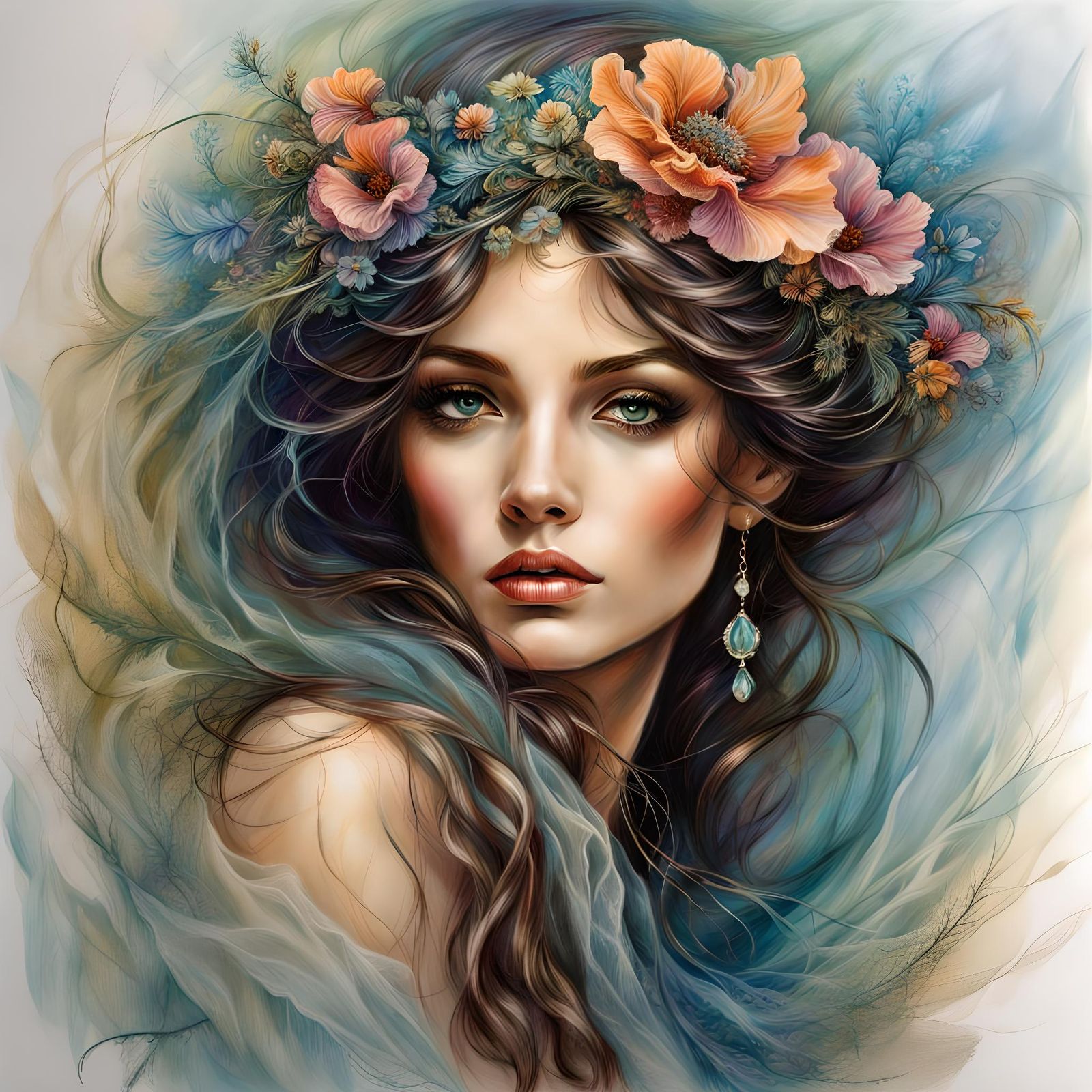 Brunette in Tulle Fabric: Detailed Illustration