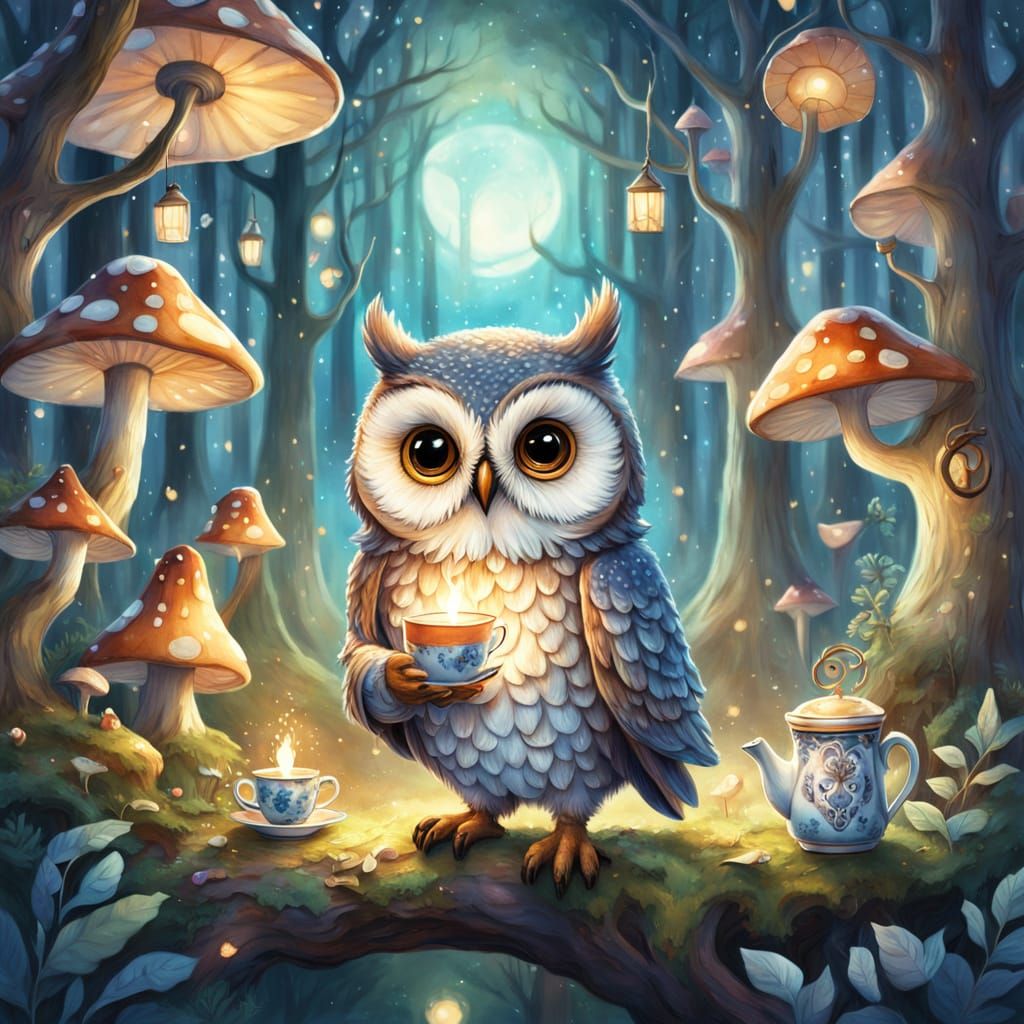 Whimsical Watercolor Owl in Enchanted Forest