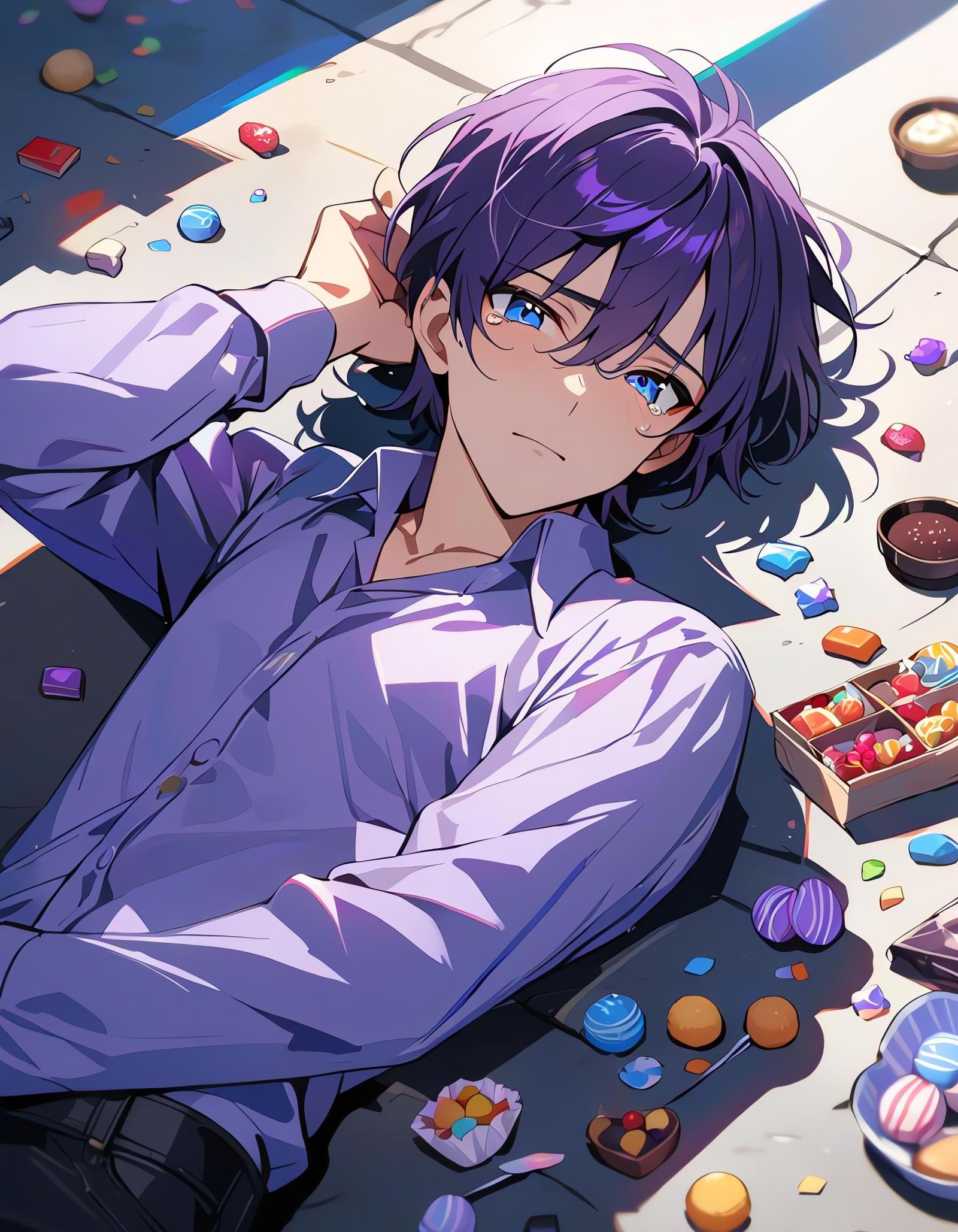 Boy with Purple Hair Surrounded by Candy