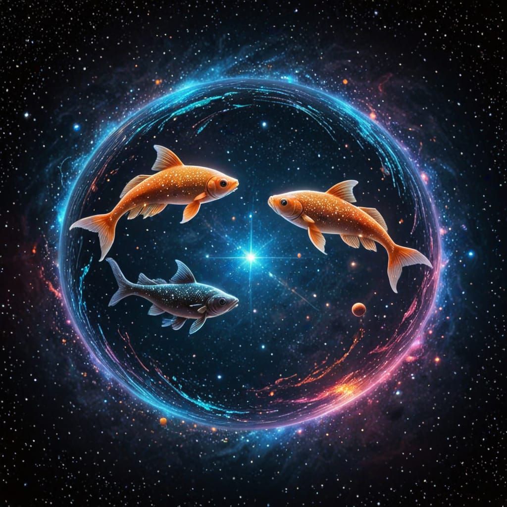 Celestial Fish Silhouettes in Vibrant Starry Space