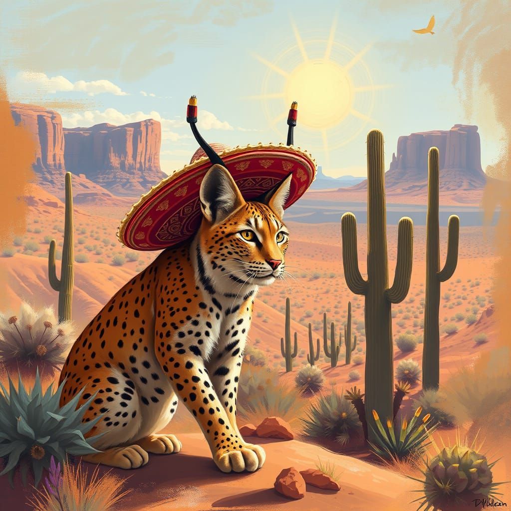 Lynx in Sombrero Exploring Mesa Landscape as Digital Art