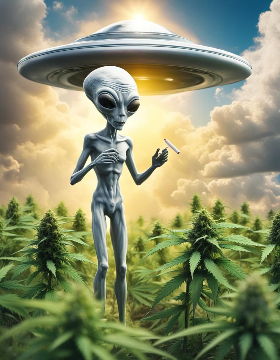 Alien Smokes Spliff in Cannabis Field