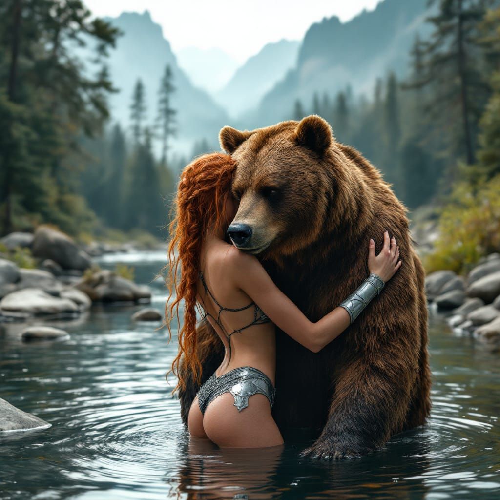Redhead Woman Embracing Bear in River