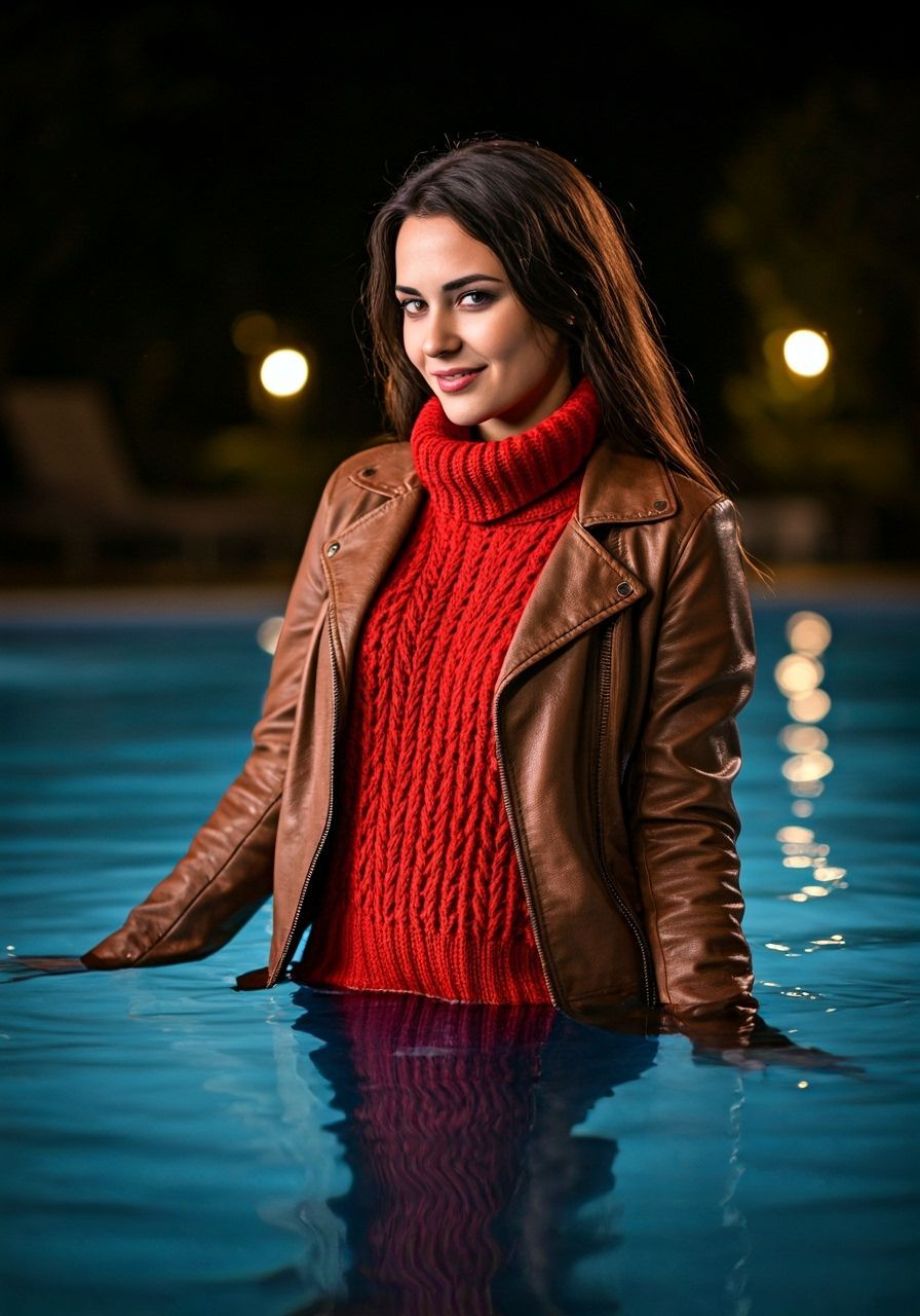 Brunette Smiles Mischievously in Moonlit Pool, Photorealisti...