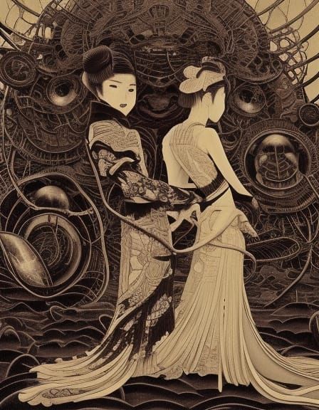 16k resolution, Taisho-era romance in a Gigerian world. Art by Goyo Hashiguchi, Takabatake Kasho, and HR Giger. Intricat...