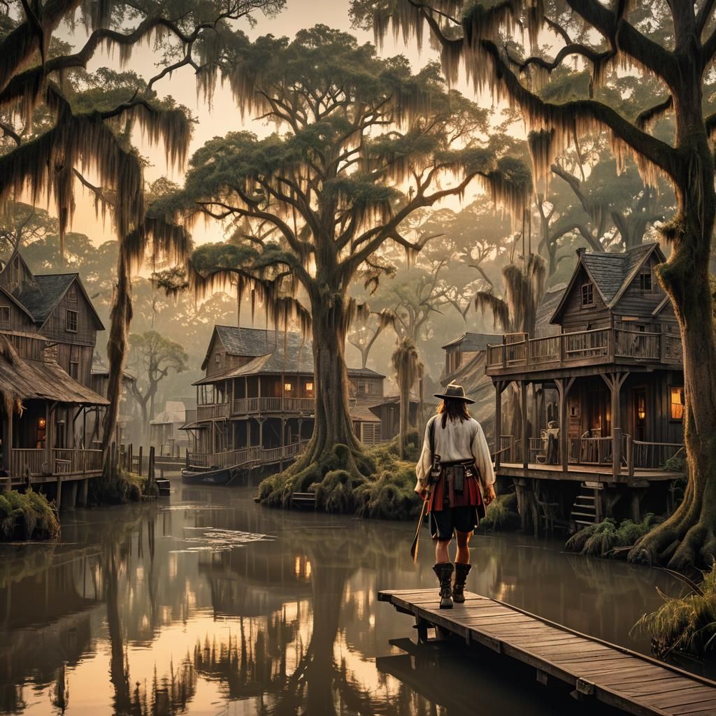 Pirate Village in Bayou at Golden Hour