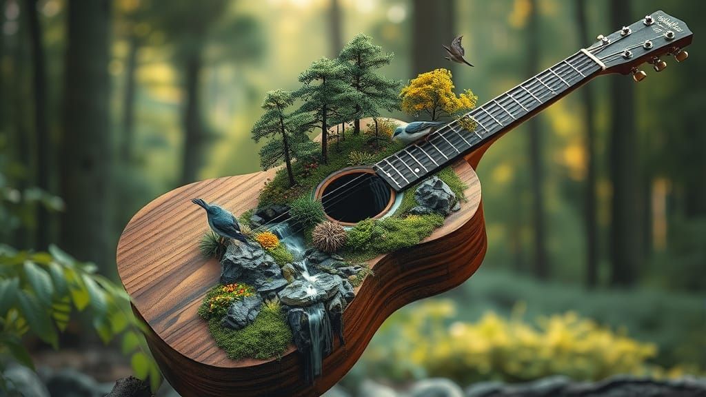 Surreal Woodland Guitar Transforms into Lush Landscape in Ph...