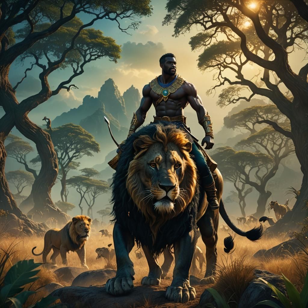 Mystical Savannah: Man Riding a Black Lion