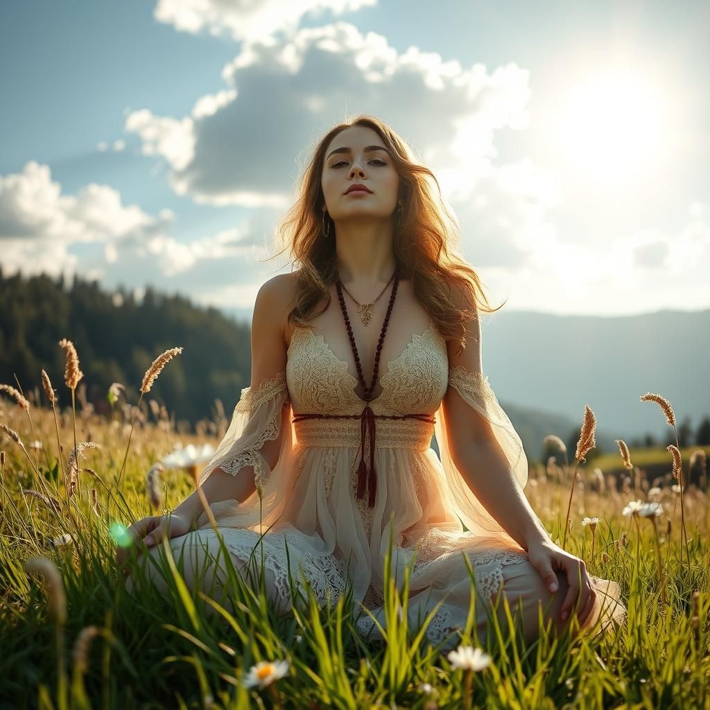 Mystical Landscape with Ethereal Woman in Bohemian Style