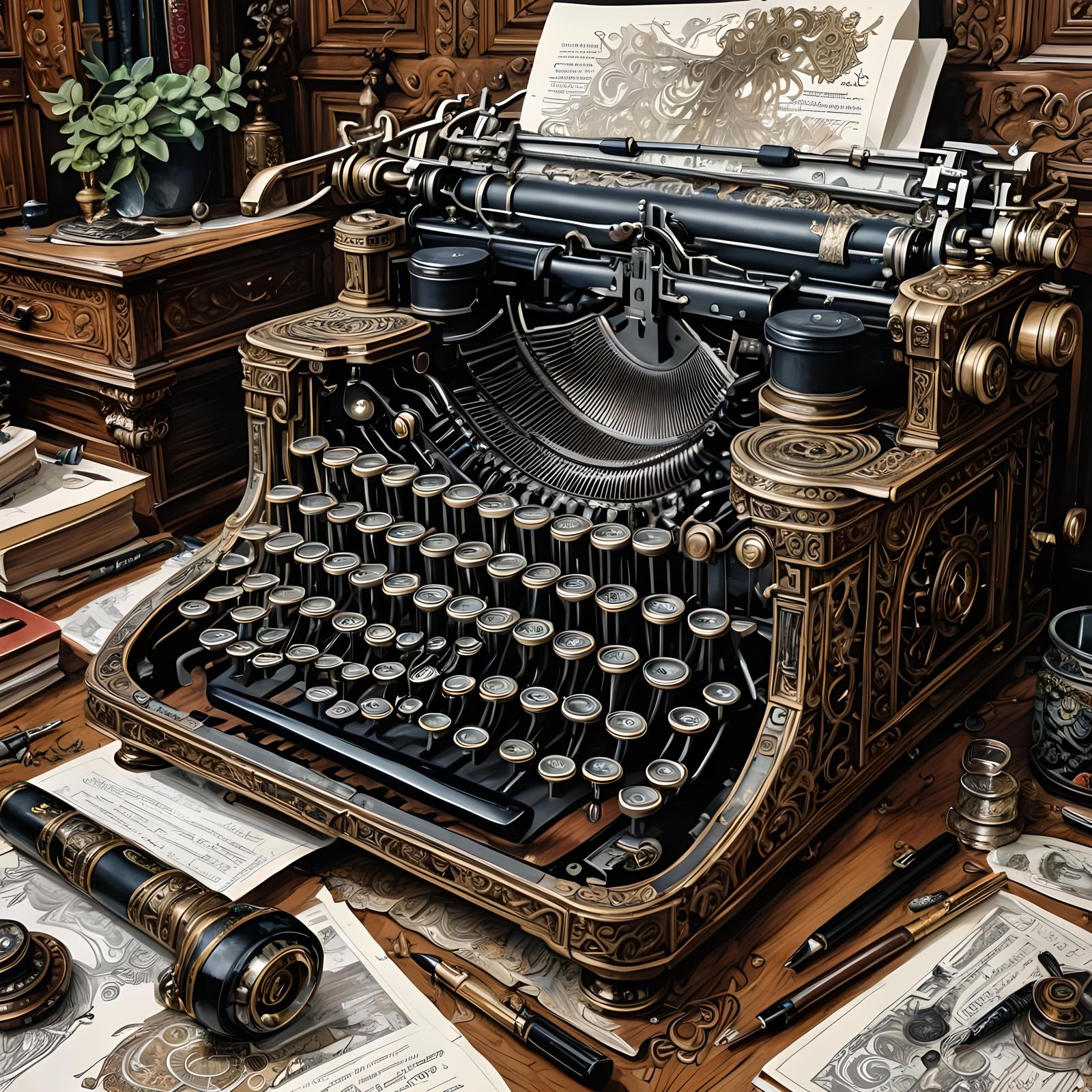 Antique Typewriter Brush Pen Drawing