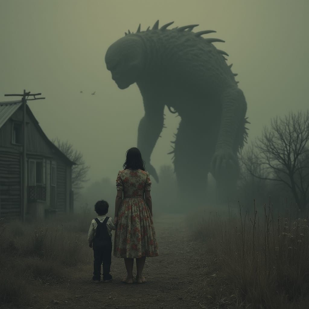 Terrifying Monster Looms Behind Mother and Child