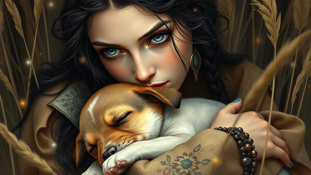 Enigmatic Gypsy Woman with Puppy in Atmospheric Light
