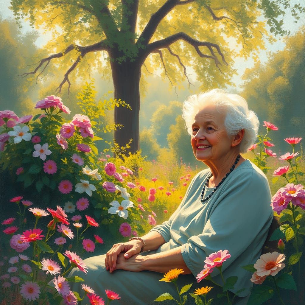 Elderly Woman in Impressionist Garden Scene