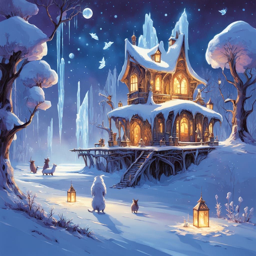 Winter Enchanted Crystal Campsite in a Fantastical Forest