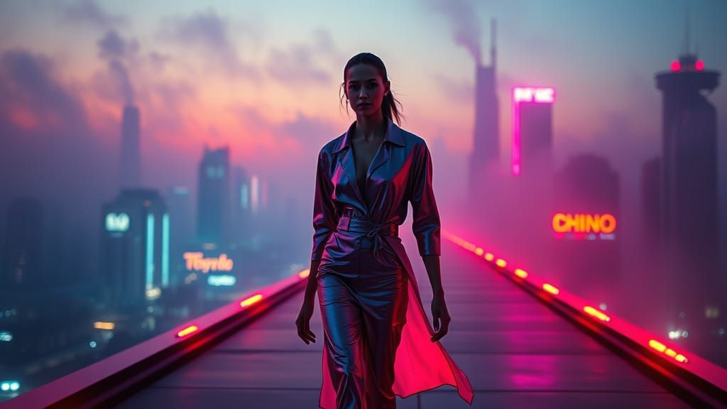 Sleek Model Struts Down Neon-Lit Catwalk in Retro-Futuristic...