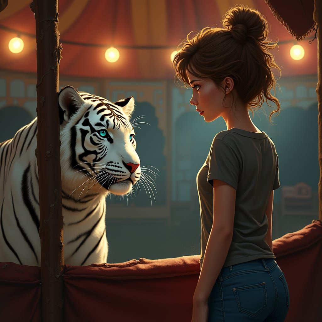 Young Woman in Awe of Majestic White Tiger in Vintage Circus