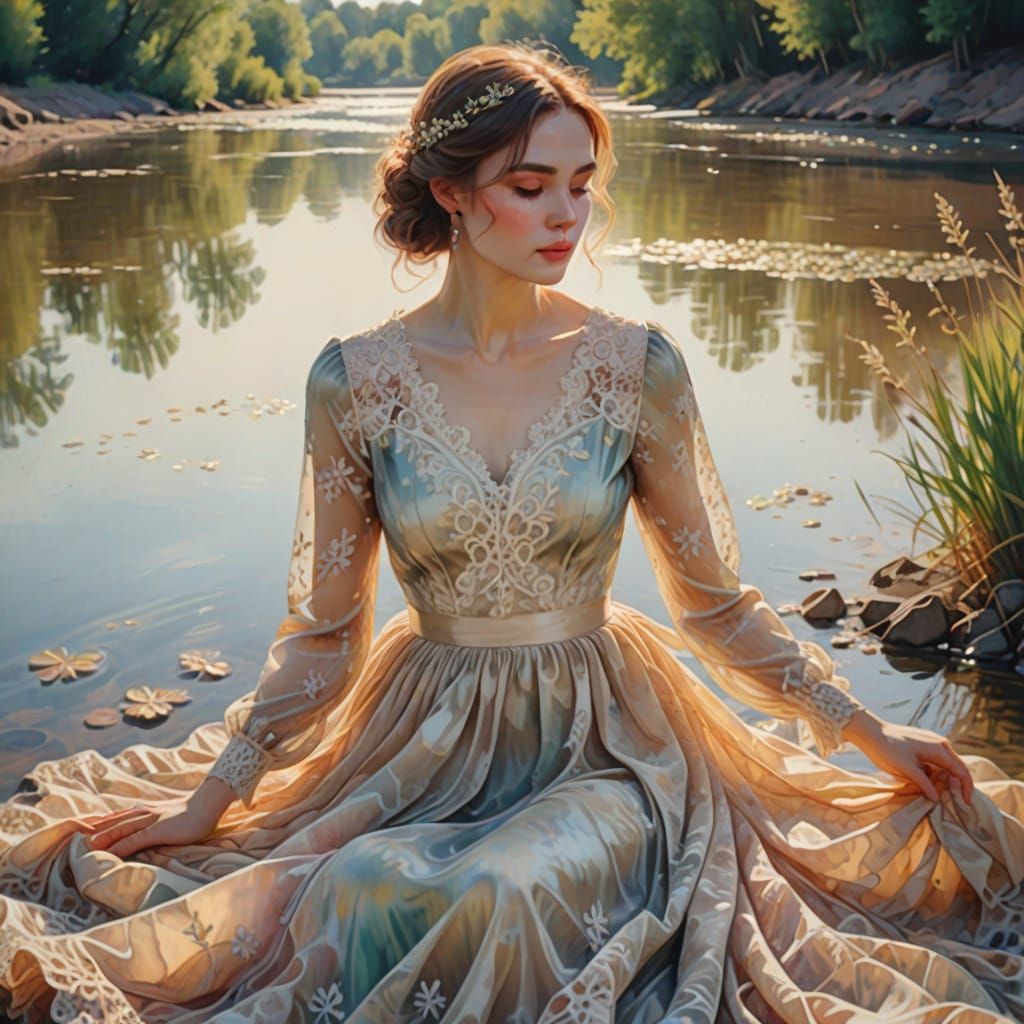 Woman's Dress on Riverbank in Dreamy Watercolor Style