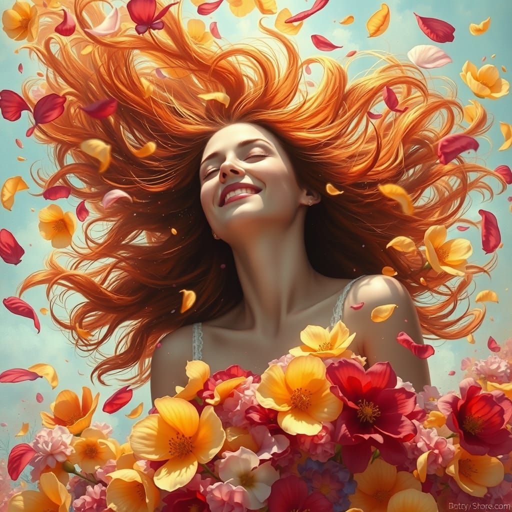 Woman Carried by Blooming Flowers in Magical Realism Style