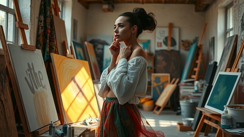 Artist in Sun-Drenched Studio, Expressive Art Style