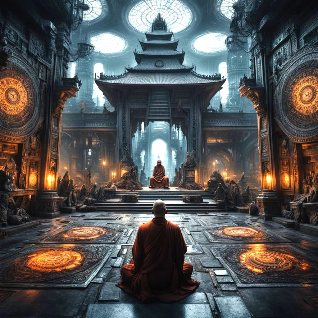 Cyber-Monk Temple in Urban Jungle: Giger Style