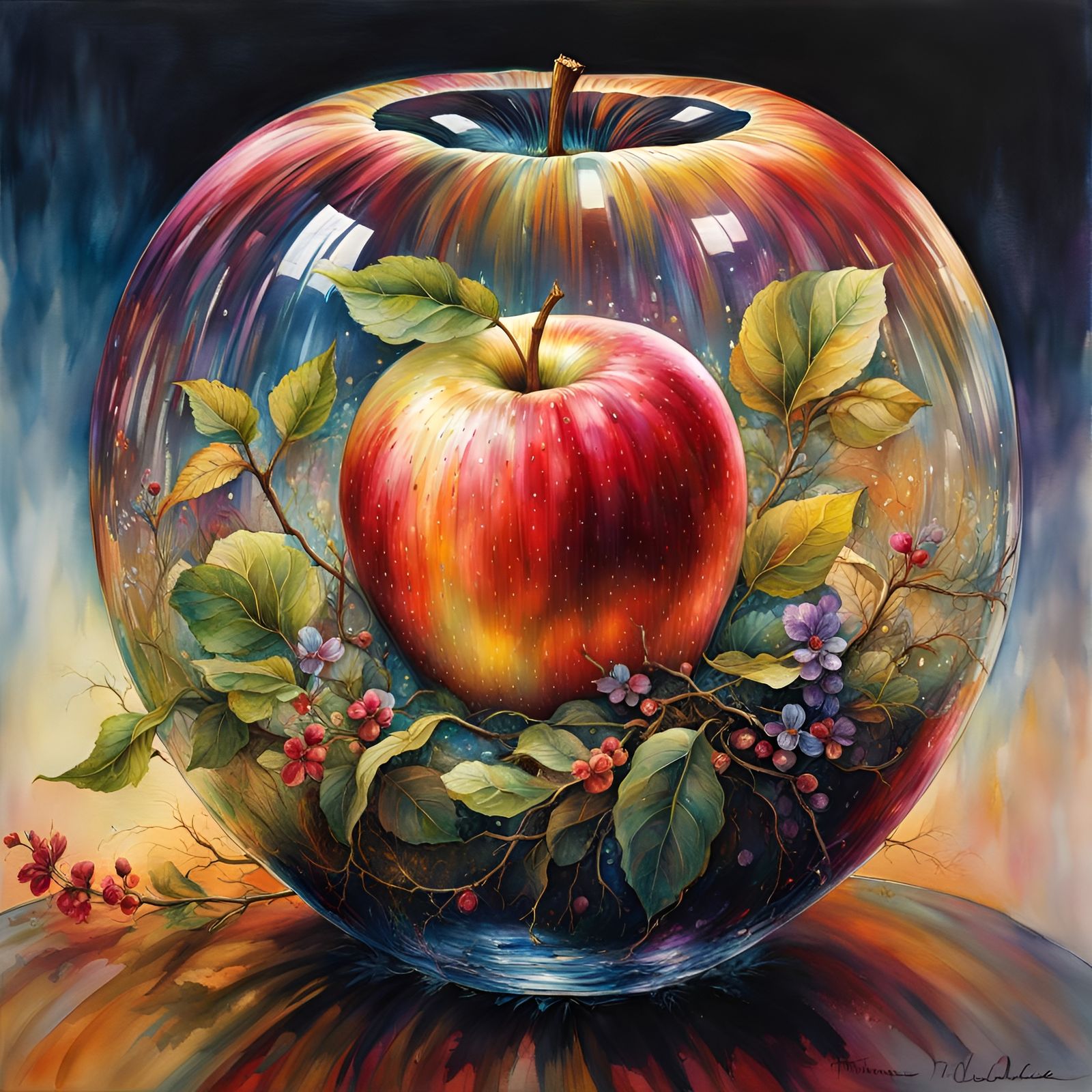 Apple in Glass Enclosure: Hyperrealistic Watercolor