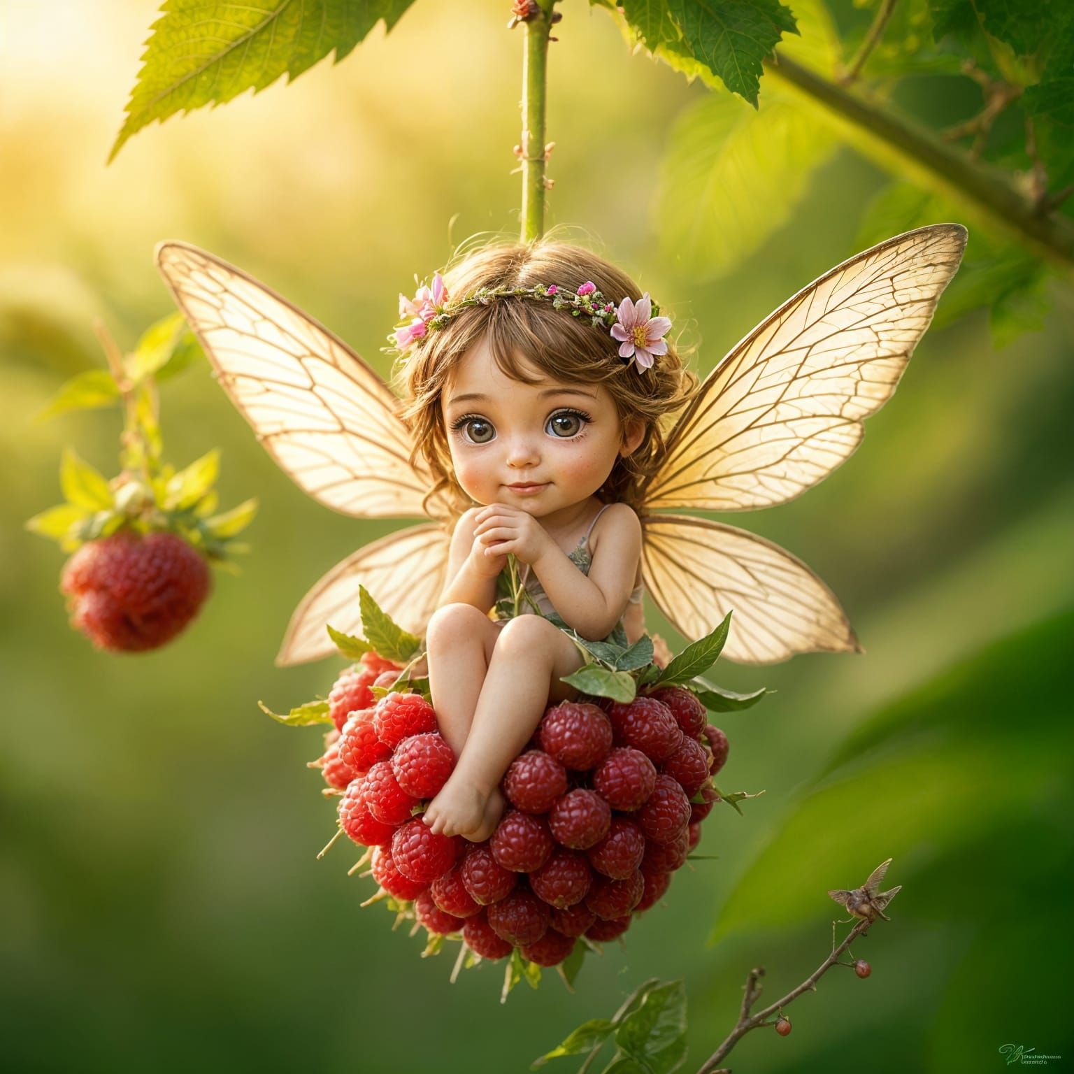 Cute Fairy in Raspberry Bud - Hyperrealistic Fantasy Art