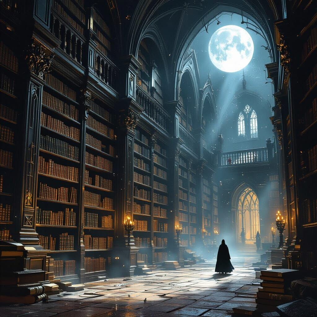 Ancient Library in Ethereal Moonlight