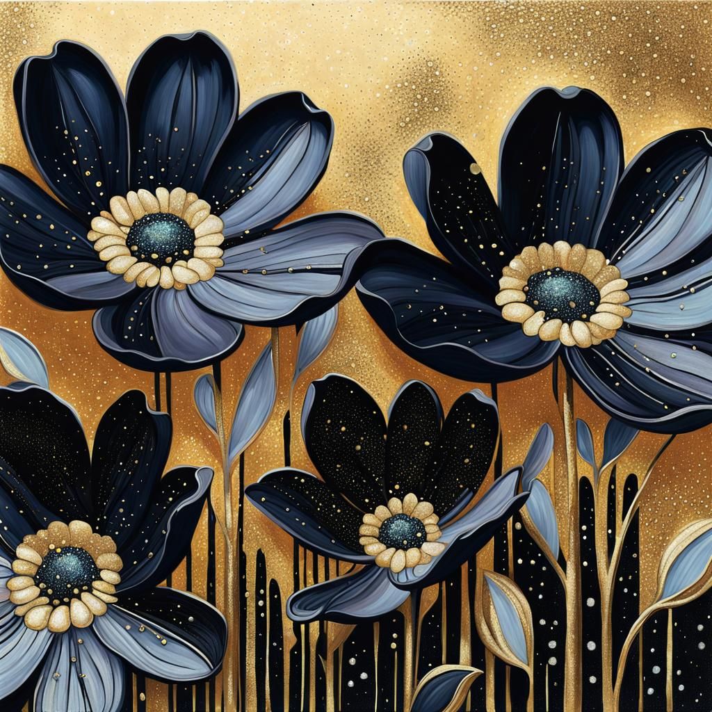 Black Flowers with Glittering Dust as Oil Painting