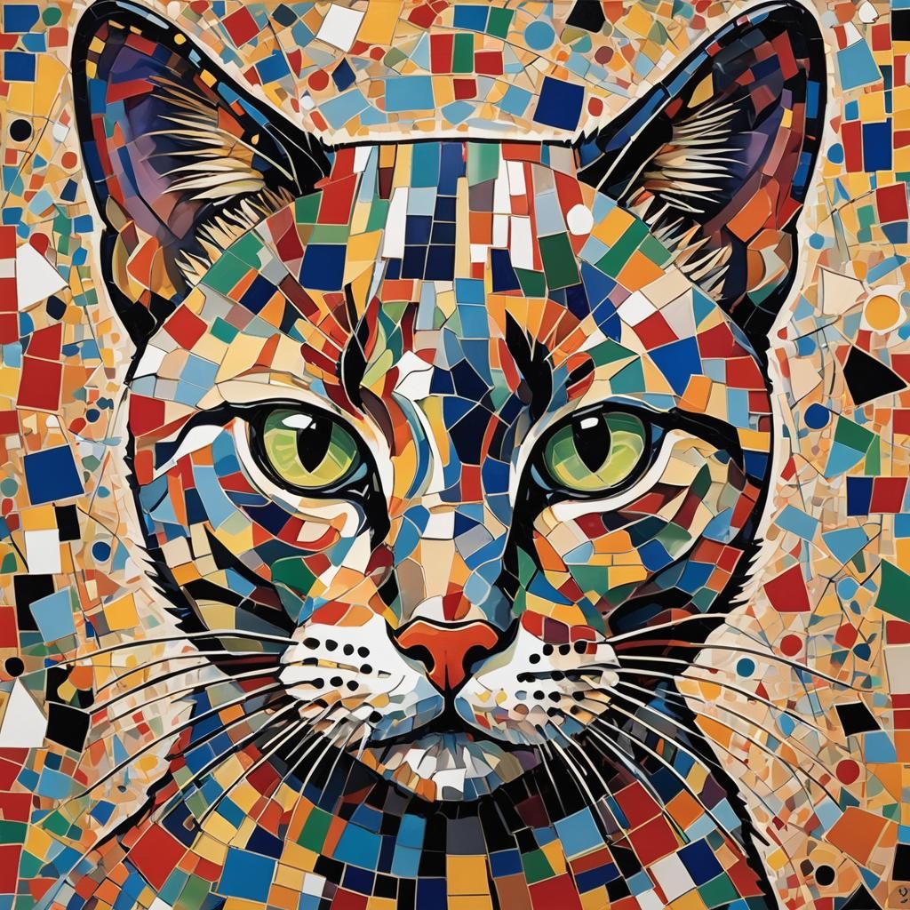 Cubist Asymmetrical Cat Portrait in Bold Colors