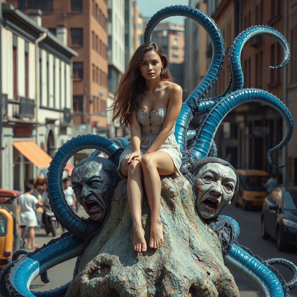 Serene Woman in Surreal Abstract Chaos