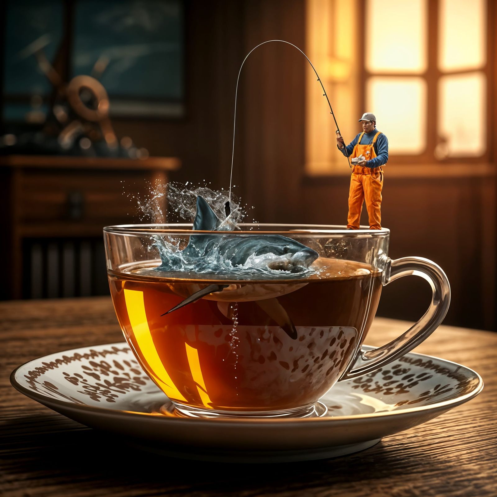 Fisherman Catches Shark in Teacup Still Life