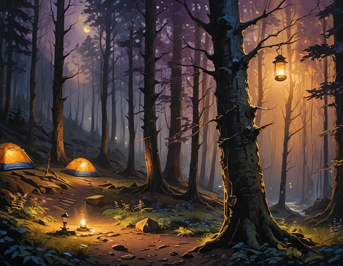 Mystical Campsite in Moonlit Forest: Impressionist Oil Paint...