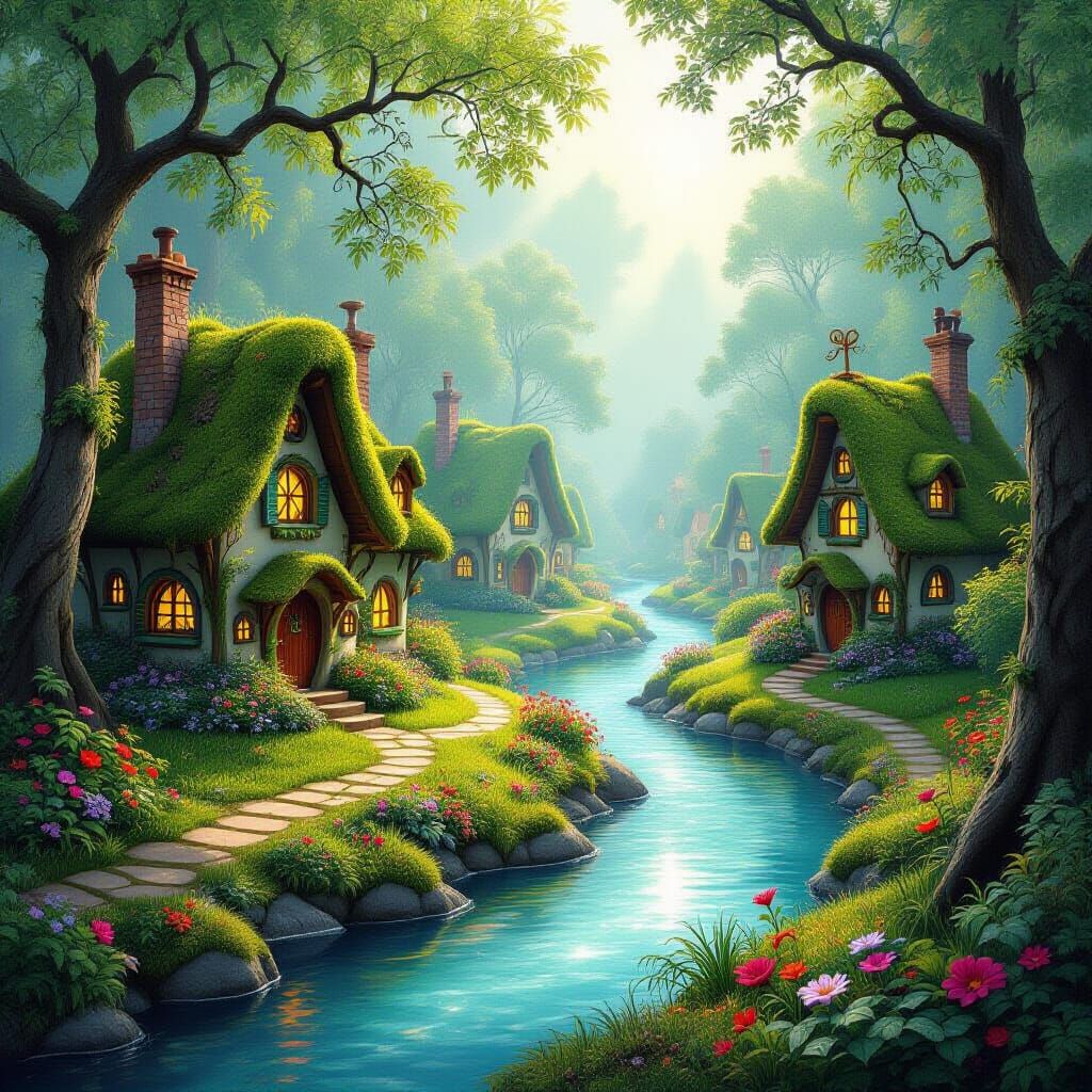 Magical River Scene with Fairy Village, Ethereal Art