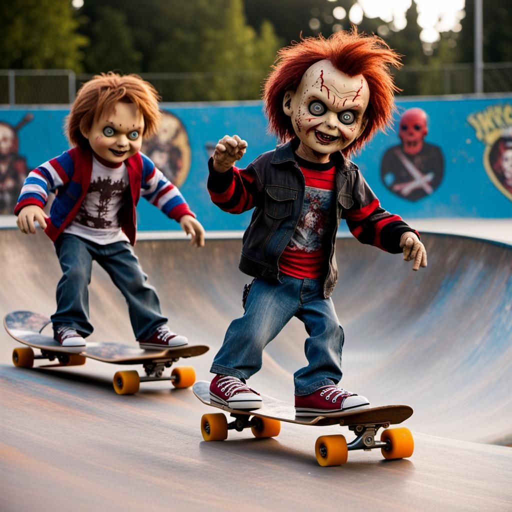 Freddy, Chucky and Jason Skateboarding in a Park