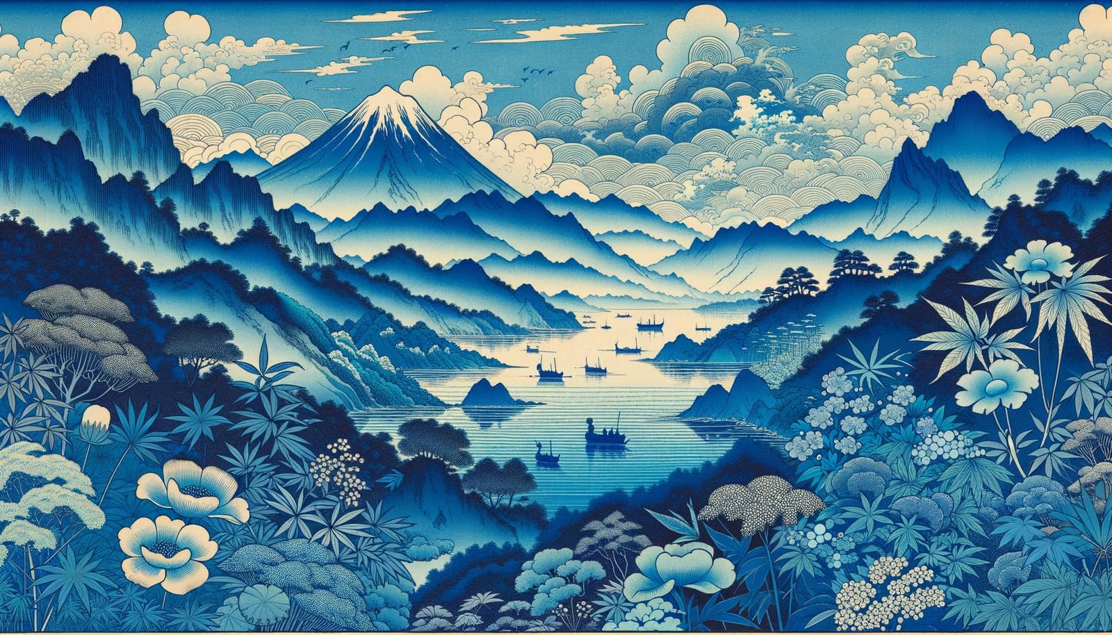 Harmonious Blue Landscape in Ukiyo-e Style
