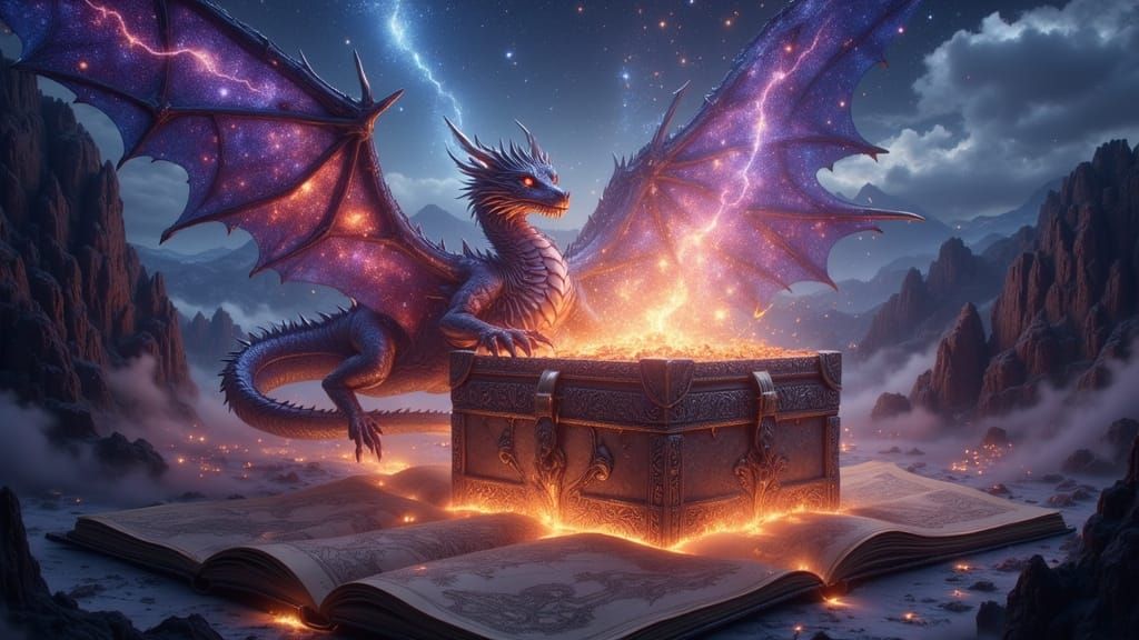 Fantasy Dragon Guarding Magical Chest in Pop-Up Book