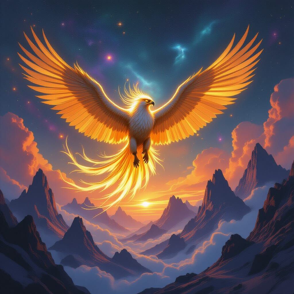 Golden Griffin Soaring Through Nebula Sky