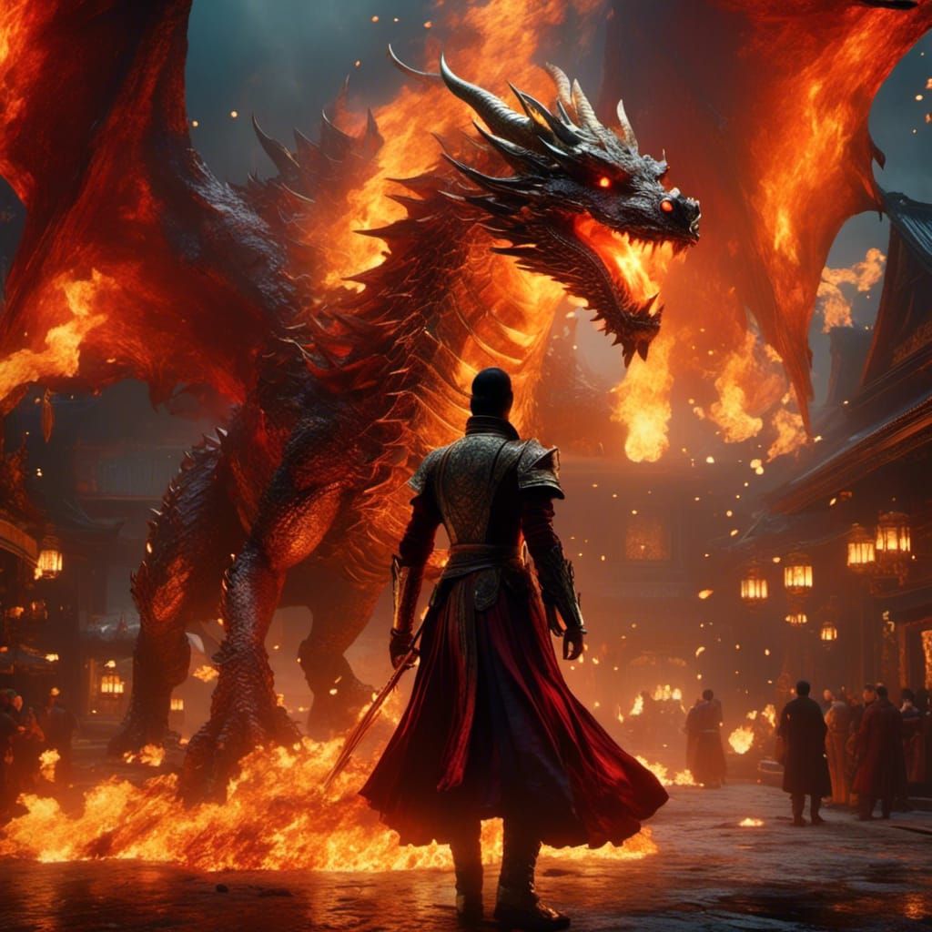 Gothic Fire Dragon Rages in Burning Town