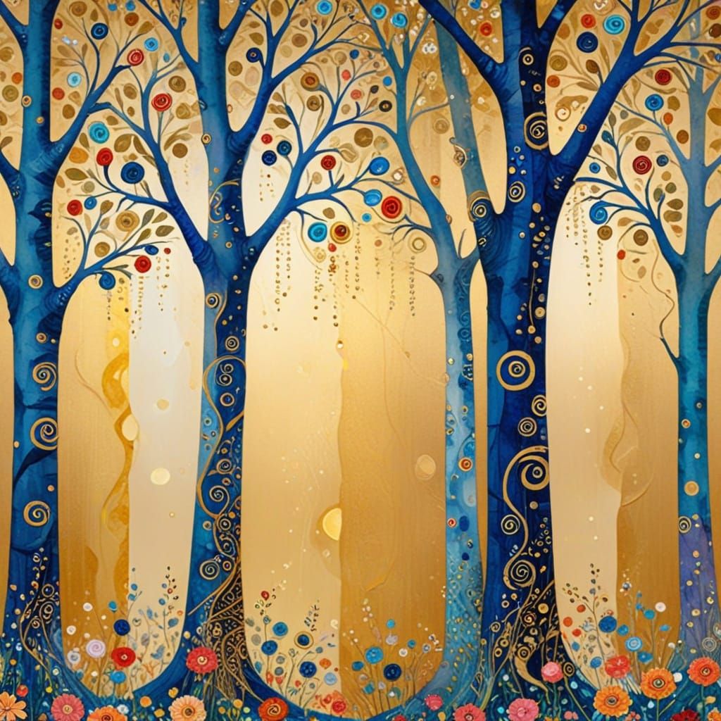 Klimt Style Blue Trees with Golden Floral Background