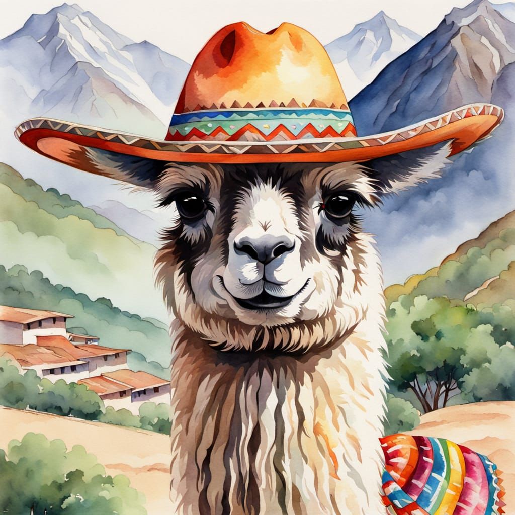 Llama in Sombrero: Watercolor Portrait Masterpiece