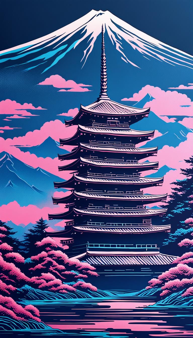 Vaporwave Mt Fuji Woodblock Print in Hyperrealism